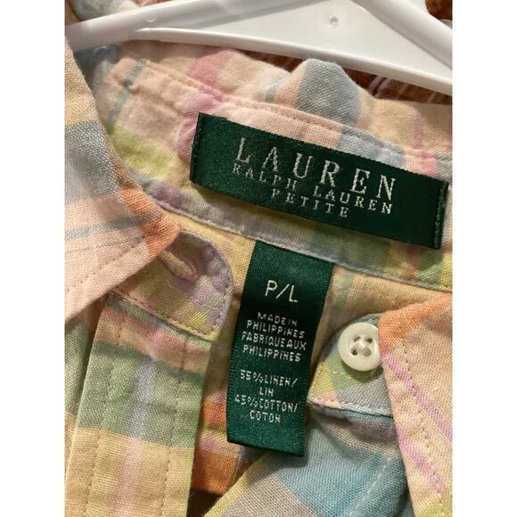 Ralph Lauren Women Linen Blend Button Up Shirt Size LP PL Fisherman Preppy Plaid - Picture 2 of 7